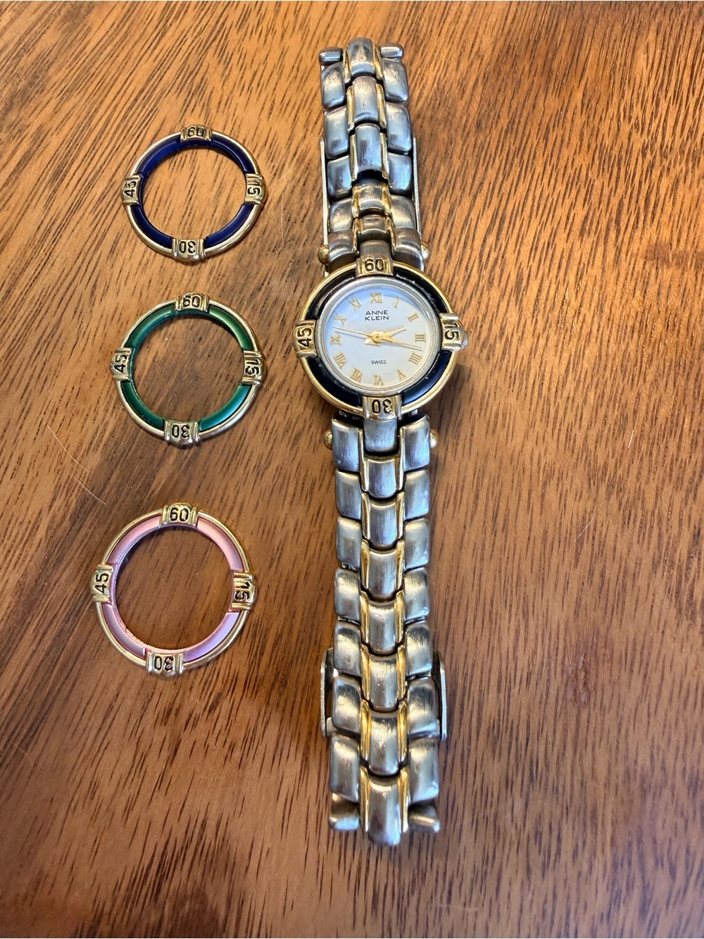 Vintage Anne Klein Adjustable Strap Watch with Interchangeable Bezels (4 total)